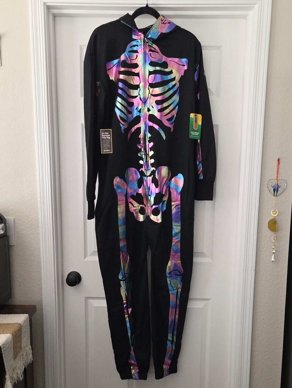Black Jumpsuit with Iridescent Skeleton Print With Attached Mask. Unisex Adult.